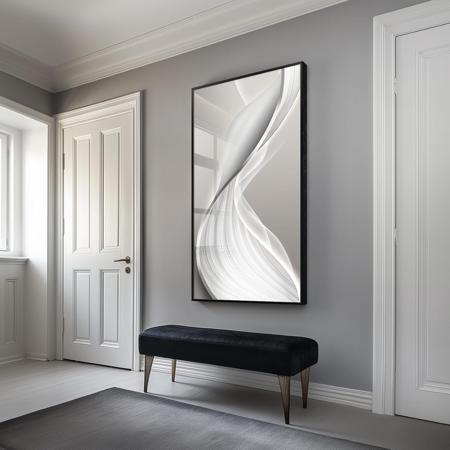 Large Framed Modern Abstract Vertical Wall Art for Living Room, Bright Style Luxury Prints Paintings Artwork for Walls, Minimalist Silver Gray Pictures for Hallway Entryway Foyer Stair Office Wall Decor 30X60 In