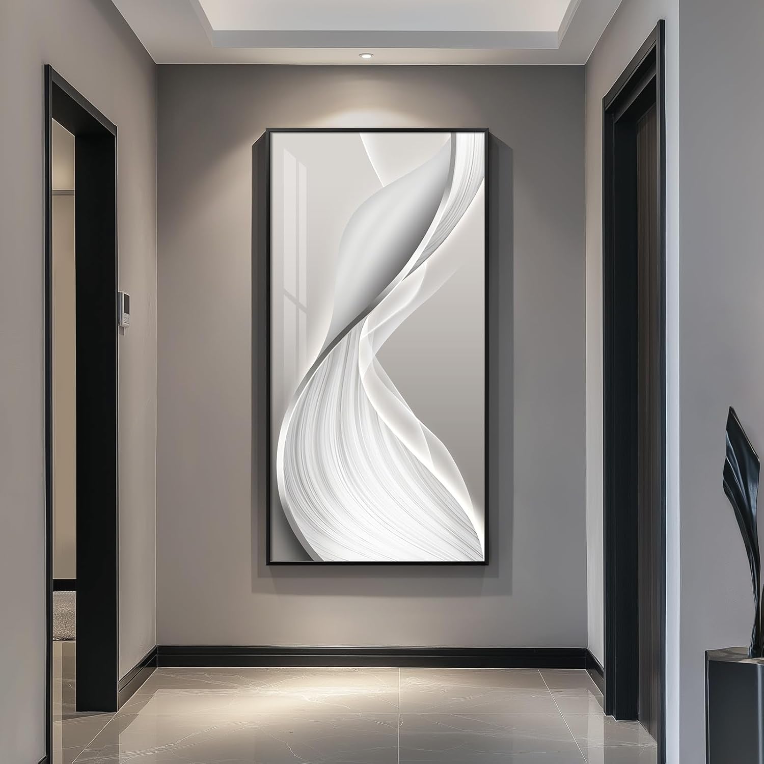 Large Framed Modern Abstract Vertical Wall Art for Living Room, Bright Style Luxury Prints Paintings Artwork for Walls, Minimalist Silver Gray Pictures for Hallway Entryway Foyer Stair Office Wall Decor 30X60 In