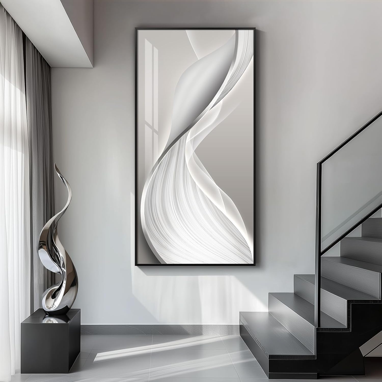 Large Framed Modern Abstract Vertical Wall Art for Living Room, Bright Style Luxury Prints Paintings Artwork for Walls, Minimalist Silver Gray Pictures for Hallway Entryway Foyer Stair Office Wall Decor 30X60 In